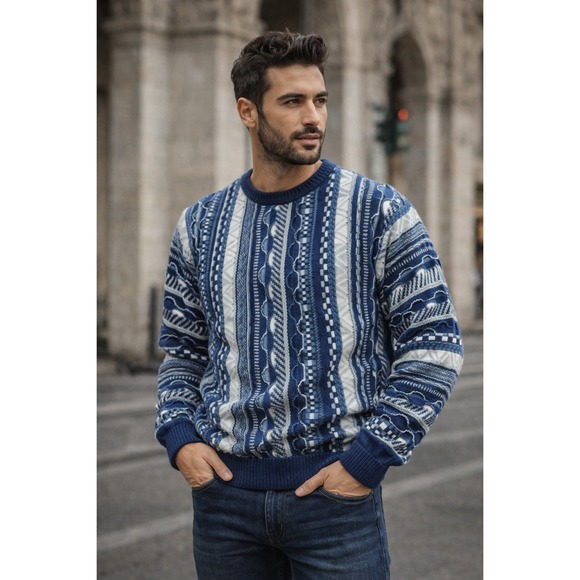 Vtg 90s Florence Tricot Coogi Style 3D Knit Sweater Mens XL Textured Blue Preppy